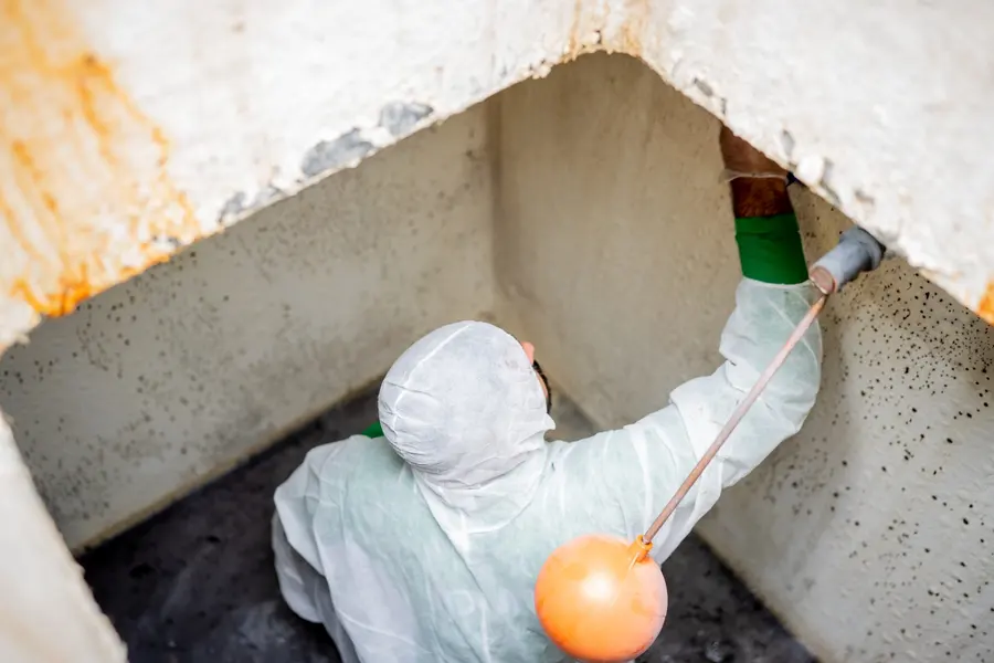 Technician cleaning inside a water tank
